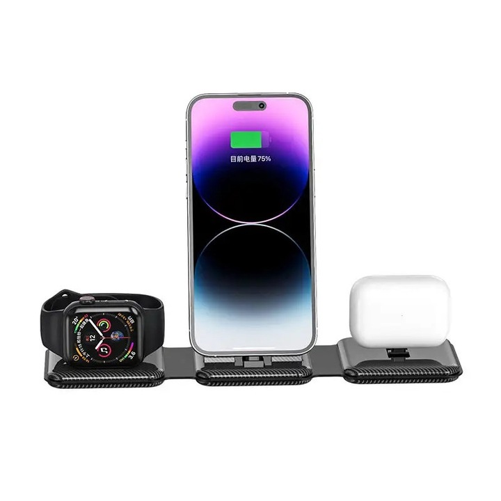 Incarcator portabil pliabil 3 in 1, Suport pentru iPhone, Smartwatch si Airpods, 1 port wireless, compatibil Apple, Incarcare rapida, Negru