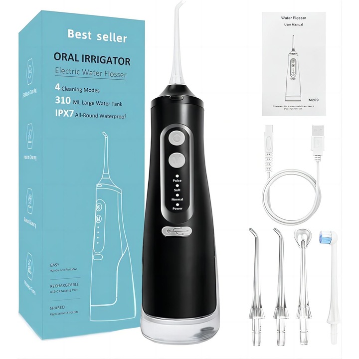 Oral Irrigator típusú szájzuhany, Presoma, 1600 impulzus/perc, 310 ml, 4 fúvóka mellékelve, fekete