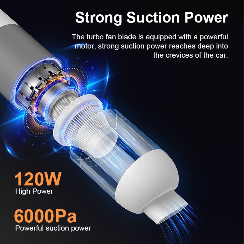 Aspirator de mana, JESWO, 120 W, 6000 Pa, 4000 mAh, Filtru de inalta eficienta, Functie de suflare, Alb/Gri