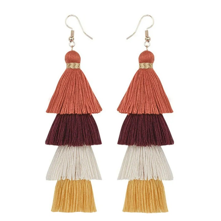 Cercei dama, model vesel cu ciucurei multipli, lungi, tematica colorful life, caramizii, EFAYN