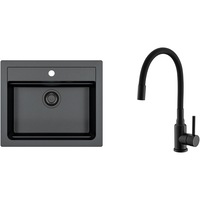 Pachet chiuveta bucatarie algranit Alveus Atrox 30, 590x500x195 mm + Baterie Flexa All Black, Sifon cu ventil inclus, Allround mini, Sita, Negru