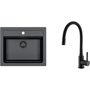 Pachet chiuveta bucatarie algranit Alveus Atrox 30, 590x500x195 mm + Baterie Flexa All Black, Sifon cu ventil inclus, Allround mini, Sita, Negru