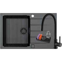 Pachet chiuveta bucatarie algranit Alveus Cadit 20, 790x500x198 mm + Baterie Flexa All Black, Sifon cu pop-up si ventil inclus, Allround, Suport, Negru