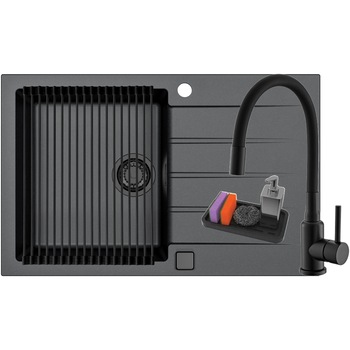 Pachet chiuveta bucatarie algranit Alveus Cadit 20, 790x500x198 mm + Baterie Flexa All Black, Sifon cu pop-up si ventil inclus, Allround, Suport, Negru