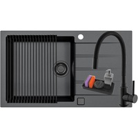 Pachet chiuveta bucatarie algranit Alveus Cadit 40, 860x500x198 mm + Baterie Flexa All Black, Sifon cu pop-up si ventil inclus, Allround, Suport, Negru