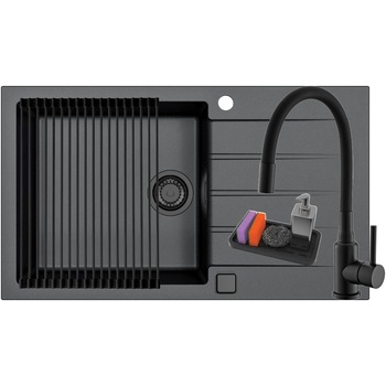 Pachet chiuveta bucatarie algranit Alveus Cadit 40, 860x500x198 mm + Baterie Flexa All Black, Sifon cu pop-up si ventil inclus, Allround, Suport, Negru