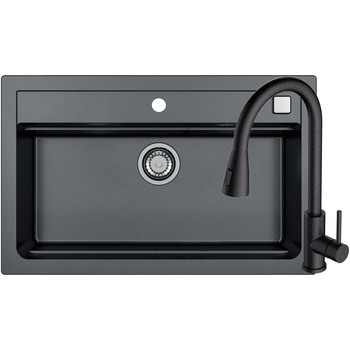 Pachet chiuveta bucatarie algranit Alveus Atrox 40 G 91, 790x500x195 mm + Baterie Primrose G 91, Sifon cu pop-up inclus, Negru