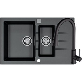 Pachet chiuveta bucatarie algranit Alveus Cadit 70 G 91, 790x500x200 mm + Baterie Primrose G 91, Sifon cu pop-up inclus, Negru