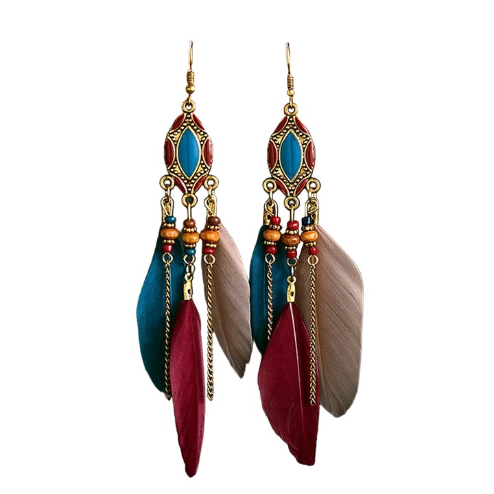 Cercei dama, model fashion cu pene, lungi, tematica lumea viselor, multicolor, EFAYN