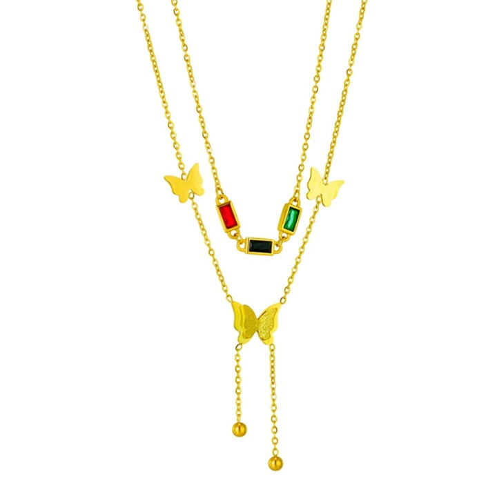 Lant dama, model dublat cu cristale si pandantive fluturi, prelungire eleganta, reglabil, tematica fashion style, auriu, EFAYN