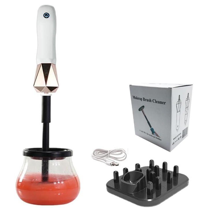 Aparat de curatare si uscare cu 13 adaptoare din cauciuc pentru pensule de machiaj, Incarcare prin USB, Set, Potrivit pentru toate tipurile de pensule, Gold