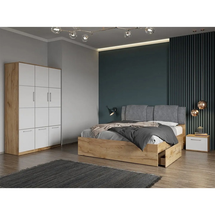 Set dormitor complet, Stejar Auriu, Acapulco, C41, Pat 2 sertare, Dulap si Noptiere