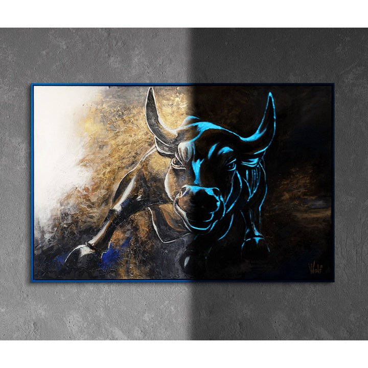 Ръчно рисувана картина върху платно, Символ на безстрашието, абстрактна, със синя рамка, 3D самосветещ флуоресцентен акрил, истинско изкуство, 140x100 см