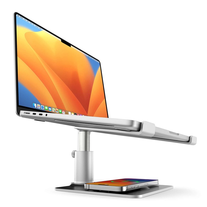 Suport ergonomic pentru Macbook Pro, reglabil pe inaltime, cu statie de incarcare wireless MagSafe, Twelve South HiRise Pro, argintiu