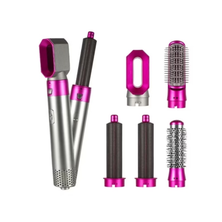 Perie de par si uscator multifunctionala 5 in 1, creponare, ondulare, indreptare, ceramica, roz/argintiu