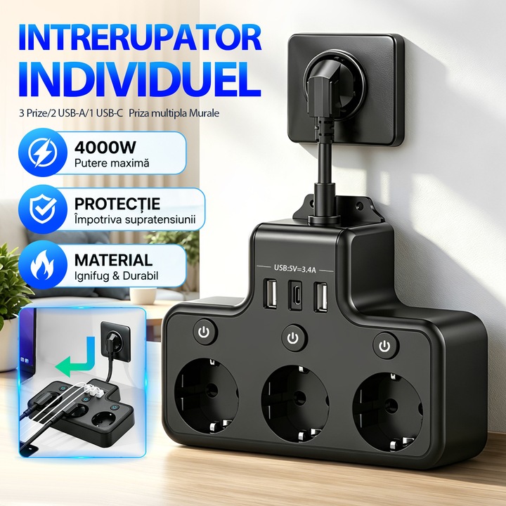 Prelungitor Scurt, 4000W, 3 Prize/2 USB-A/1 USB-C, BYONDSELF®, 3 Intrerupator Individuel, Priza multipla Murale, Negru
