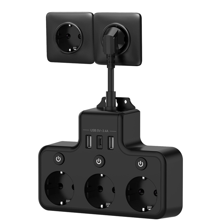 Удължител 4000 W, 3 гнезда/2 USB-A/1 USB-C, BYONDSELF®, 3 отделни превключвателя, стенен мулти-гнездо, черен