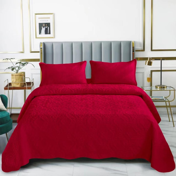 Set cuvertura pat, matlasata, 3 piese, 220x240cm, Visiniu