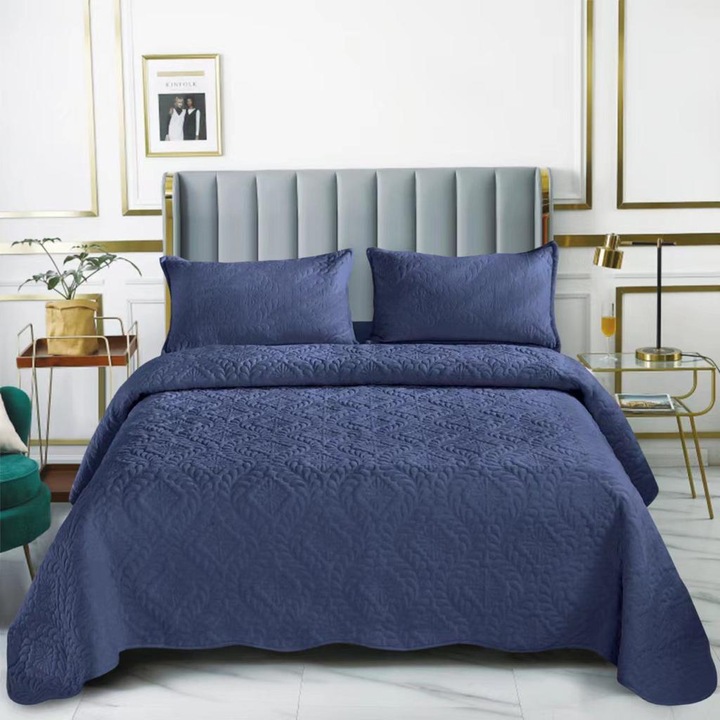 Set cuvertura pat, matlasata, 3 piese, 220x240cm, Albastru