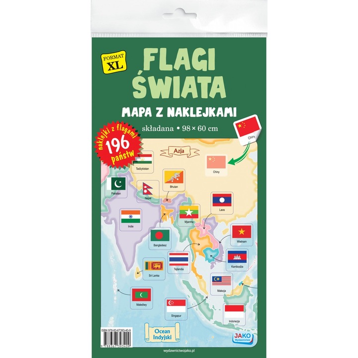 Set harta de perete si 213 steaguri, Jako, Autocolante, 98x60cm, Multicolor