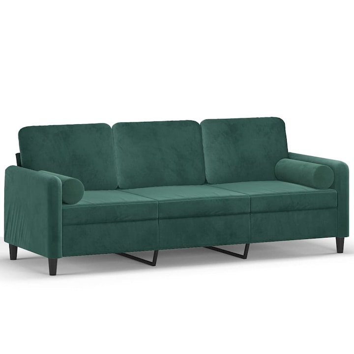 3-местен диван с възглавници vidaXL, Тъмнозелен, 180 см, Кадифе, 26.49 kg