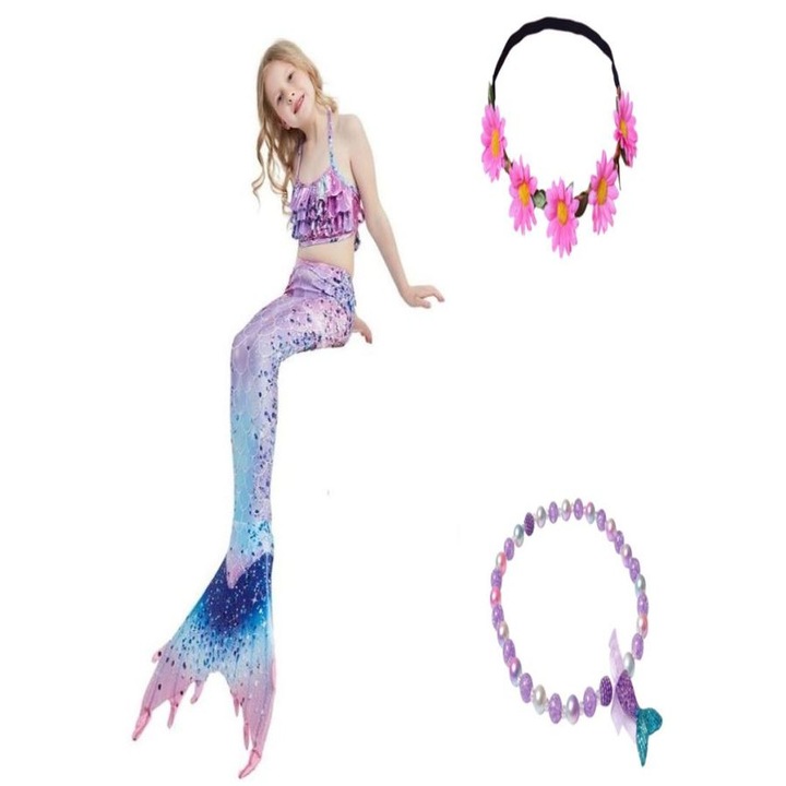 Set 5 piese Costum Sirena Printesa Ariel THK®, coada sirena, slip, top, Colier, Coronita, Purple Kiss