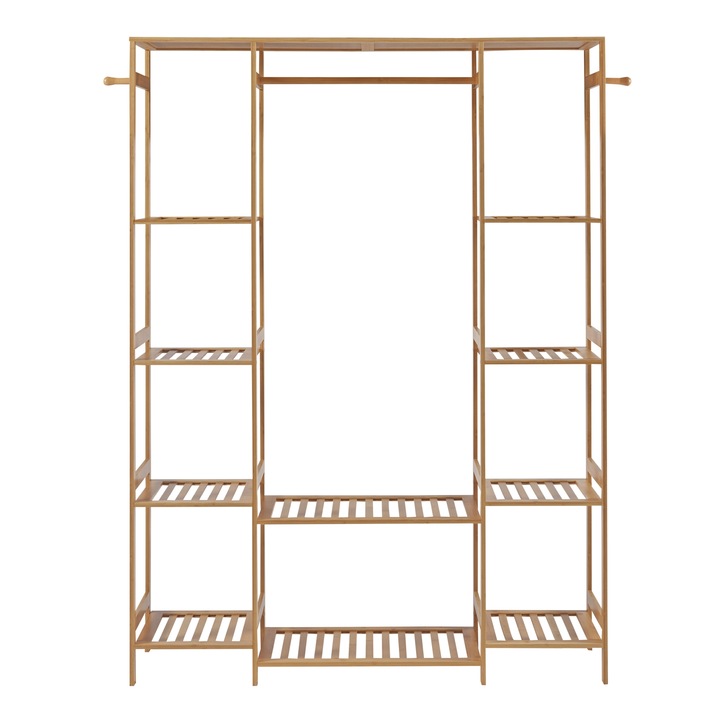 Suport haine, en.casa, PXLR-0129 Ilomantsi, 165 x 122 x 35 cm, bambus, natur, cu 1 sina si 10 rafturi