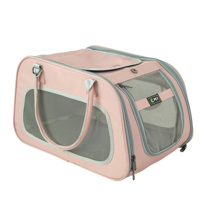 Geanta Fancy Transport Animale Mici Pliabila, Impermeabila, Ventilata, H27xA31xL49 cm, Material, Baza si Cusaturi Rezistente, Accesorii Metalice, Roz