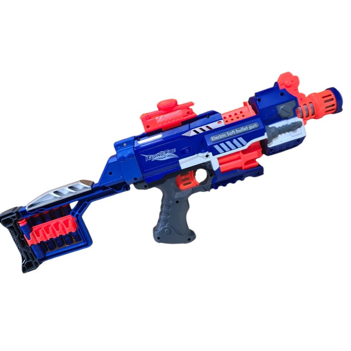 Pusca De Jucarie Automata Cu Baterii, 55 Cm, Si Cartuse Cu Ventuze Din Spuma, Culoare Albastru Indigo