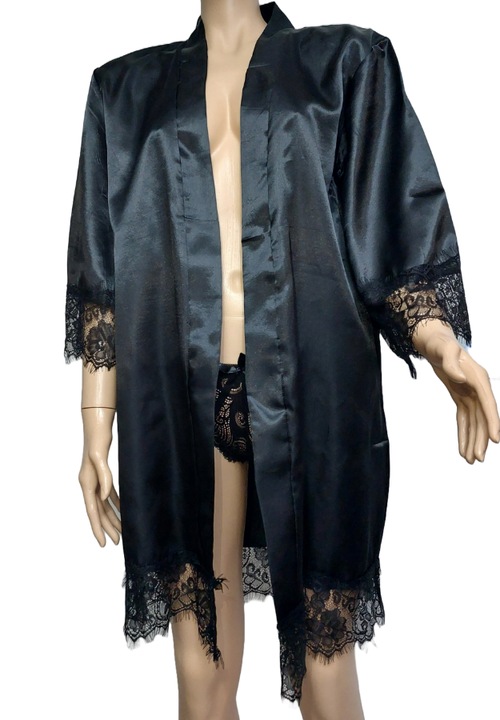 Női szatén köntös szett csipkével 2 részes, egy méret, fekete