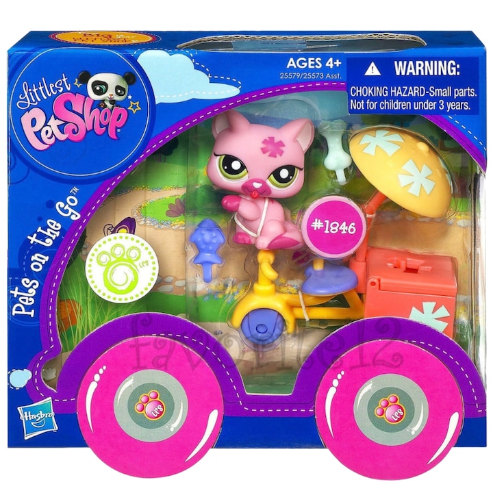 Set Figurine Littlest Pet Shop, Hasbro, Pets on the go, Pisicuta cu Tricicleta si accesorii, 5 piese, multicolor
