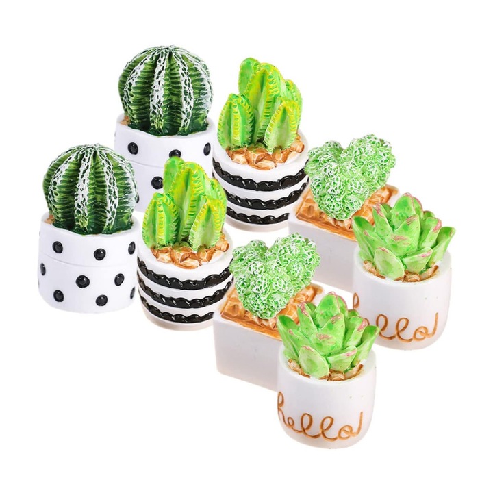 Set 8 figurine miniaturale, ghivece artificiale, Koungiam, rasina, 3cm, multicolor