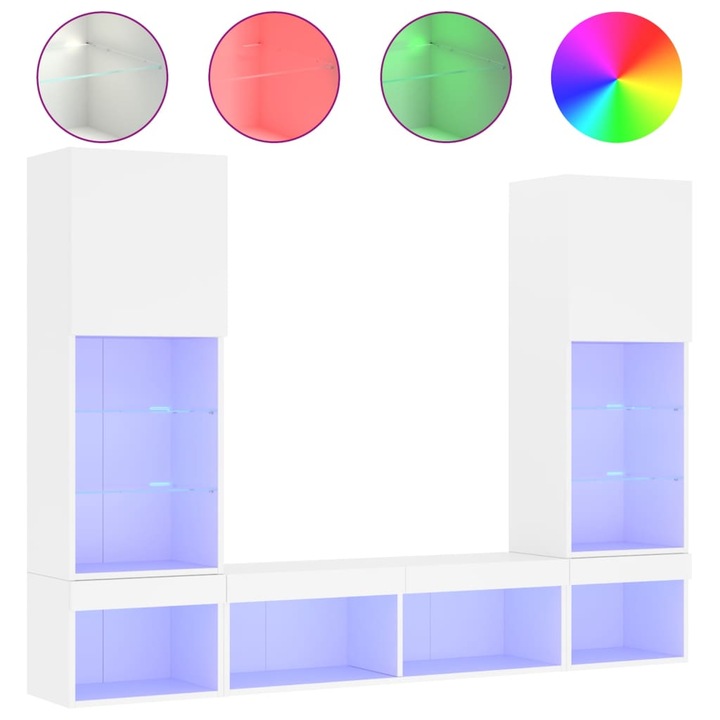 Set unitati de perete TV cu LED-uri vidaXL, 5 piese, alb, lemn prelucrat, 36.66 kg