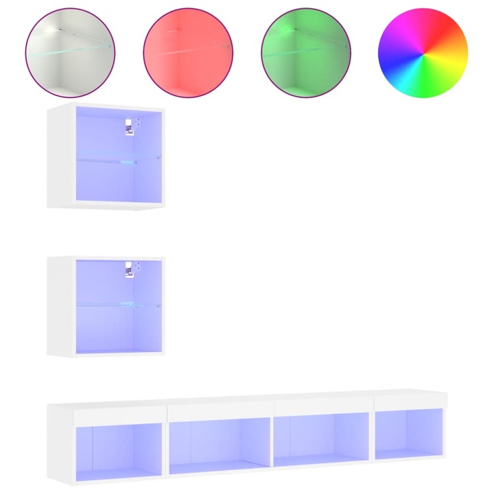 Set unitati de perete TV cu LED-uri vidaXL, 5 piese, alb, lemn prelucrat, 31.87 kg