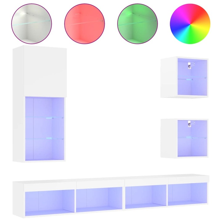 Set unitati de perete TV cu LED-uri vidaXL, 5 piese, alb, lemn prelucrat, 51.34 kg