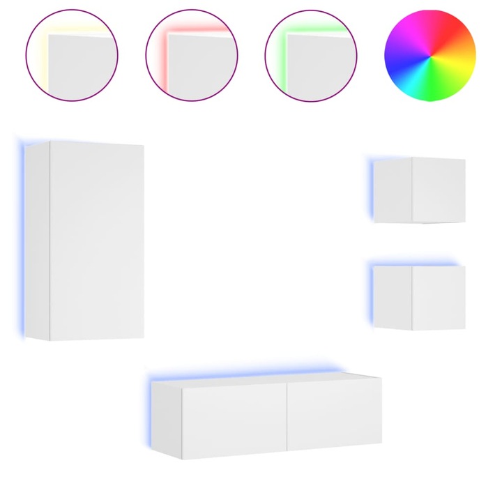 Set comode TV de perete cu lumini LED vidaXL, 4 piese, alb, 43.05 kg