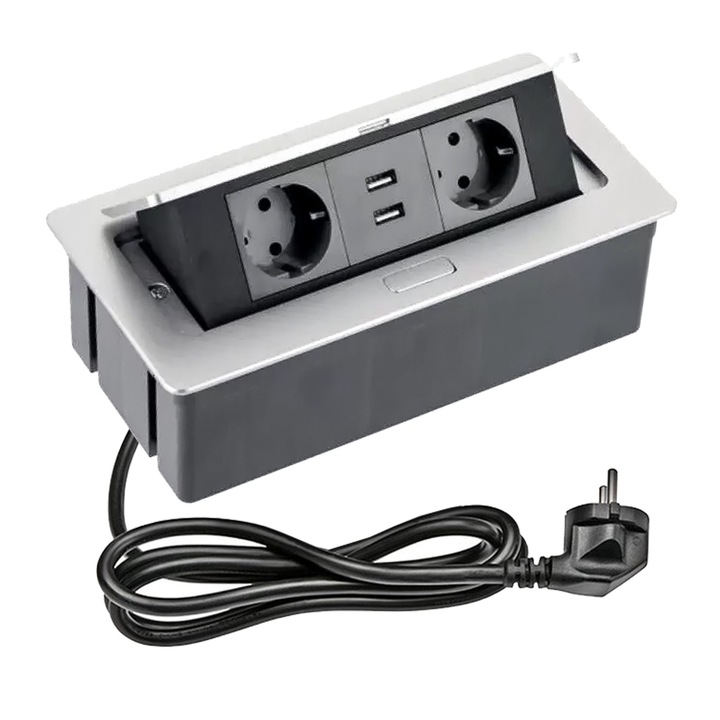 Cablu prelungitor de birou dreptunghiular incastrat SOFT 2 x prize Schuko + 2 x USB 2, 1A, 1, 5 m, argintiu