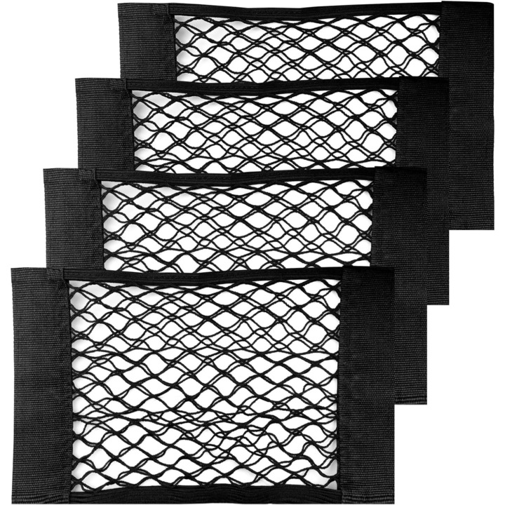 Set 4 Plase Adezive Portbagaj Auto, Buzunar Prindere Velcro, Organizator Elastic, 40 x 25 cm, Negru