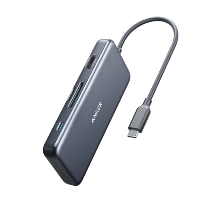 Anker USB-C Hub 7 в 1 адаптер с HDMI 4K, функция за зареждане, USB-C порт за данни, четец на microSD и SD карти, 2 USB 3.0 порта, сив