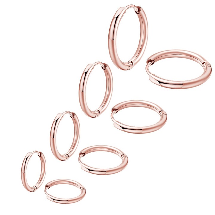 Set 4 perechi de cercei inel cartilaj, inel din otel inoxidabil pentru nas, cercei mici, 8 mm, 10 mm, 12 mm, 14 mm, Peeik, Otel inoxidabil, Aur roz