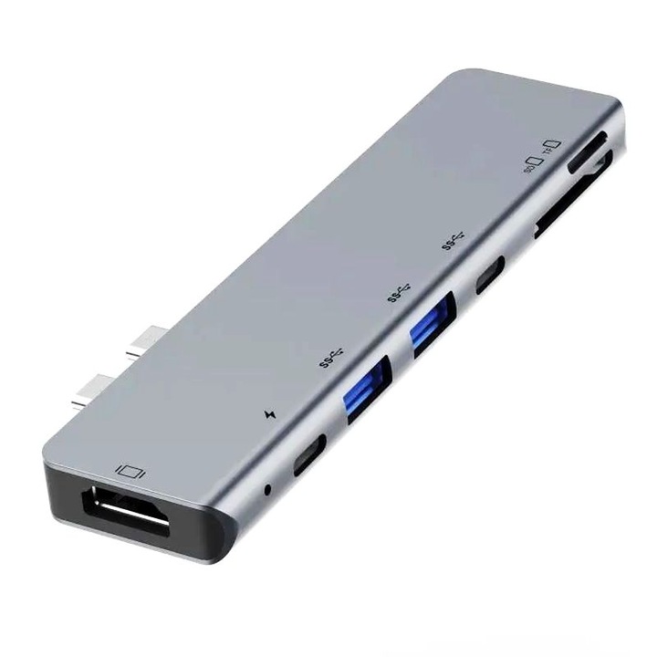 Хъб адаптер Multiport 7 в 2 USB-C 3.0 Staryon към HDMI-4K 30hz / Power Delivery Port 87W / 2 x USB 3.0 Type-A / 1 x USB-C Data 3.0 / TF + SD Card Reader, Docking Station за Apple MacBook , Алуминий, Сив