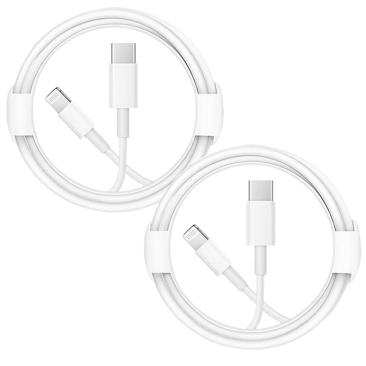 Telefon adatkábel készlet, Iphone12/13-hoz, gyorstöltés PD 20W, adatátvitel támogatás, USB-C/Lightning, 2m, Fehér, 2db