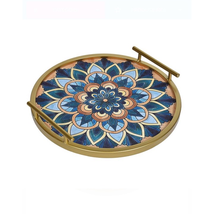 Tava Metalica Rotunda, Aurie, Bleu, cu Model Mandala si Manere, 35cm