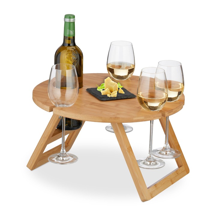 Masa de picnic pentru vin, pliabila, portabila, cu suport pentru 4 pahare si 1 sticla, bambus, 22 x 39 cm