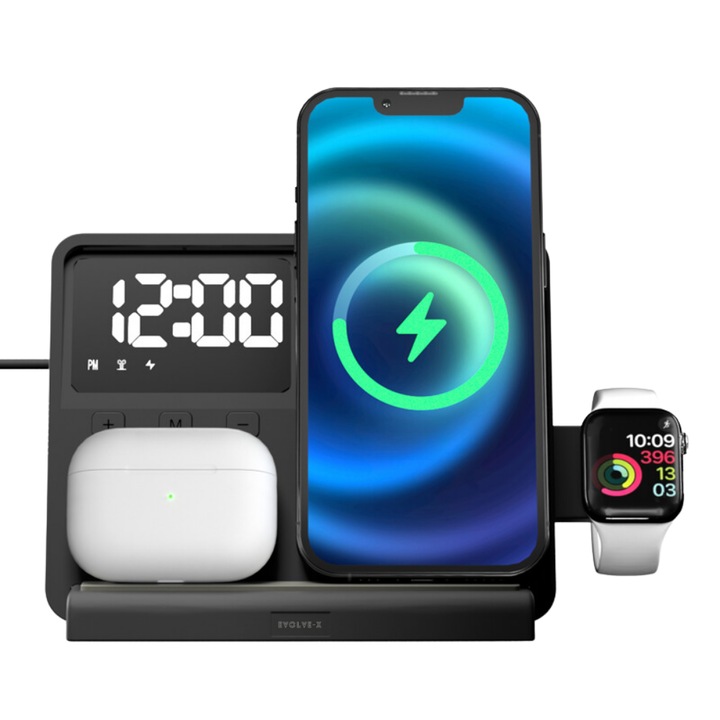 Evolve-x® безжично зарядно устройство 3 в 1 зарядна станция с бързо зареждане Qi 15 W, часовник и околна светлина, съвместим с Apple Watch, Apple Airpods и Iphone, Android, Samsung, Huawei, Xiaomi, Oppo, Honor, включен мрежов адаптер, черен