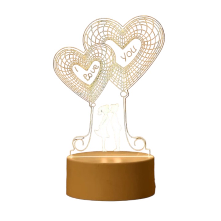 3D LED akril éjszakai lámpa, USB, környezeti fény, két szív, Valentin nap, szeretlek
