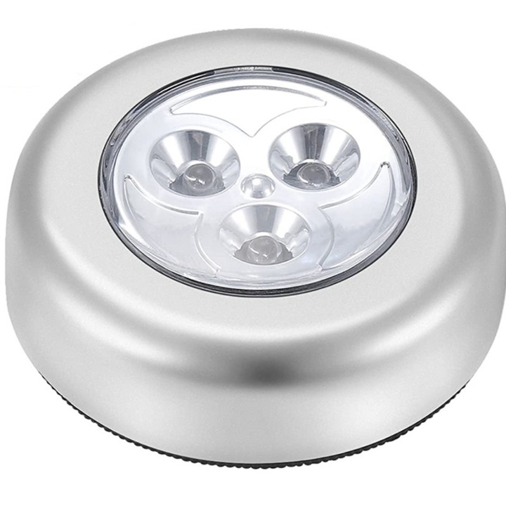 Öntapadó világító berendezés 3 LED-del, push on/off rendszerrel, átmérő 68 mm, ezüst/fekete, alkalmas konyhába/öltözőbe/fürdőszobába