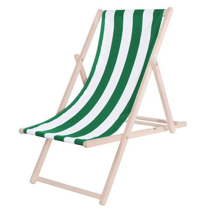 Сгъваем плажен шезлонг с плат Springos, Райета, Дърво, Бял, Зелен, 58 x 124 cm