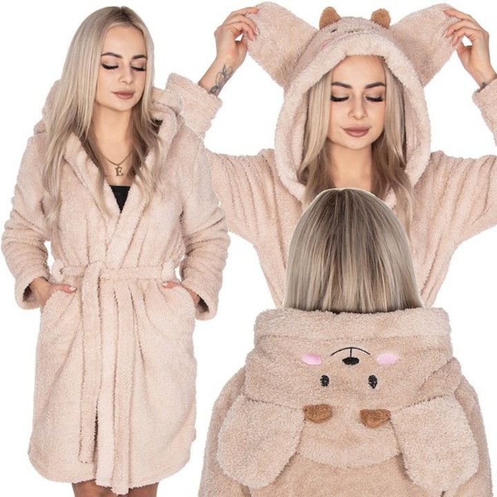 Halat dama cu gluga si curea, SPRINGOS, S/M, Fleece/poliester, Bej, S/M