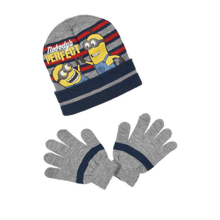 Set caciula +manusi Minions gri cu dungi bleumarin mar.52